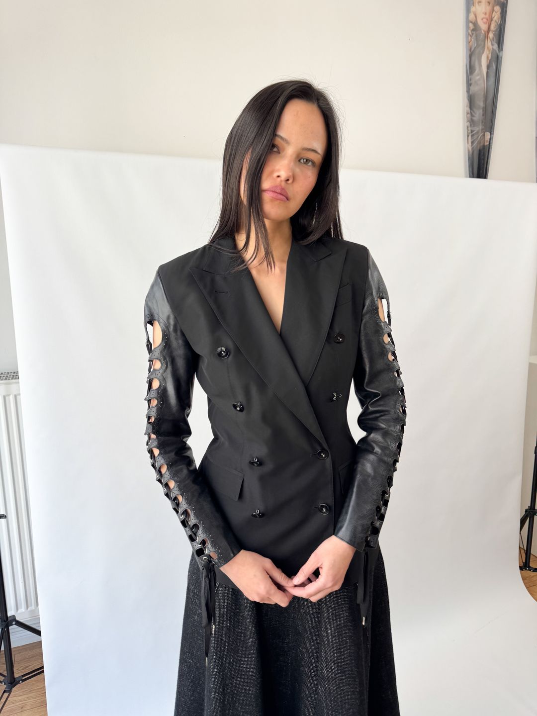 Jean Paul Gaultier Double Breasted Runway Blazer with Leather Lace-Up Sleeves SS1992 by JEAN PAUL GAULTIER in size IT 42 from COATS & JACKETS category