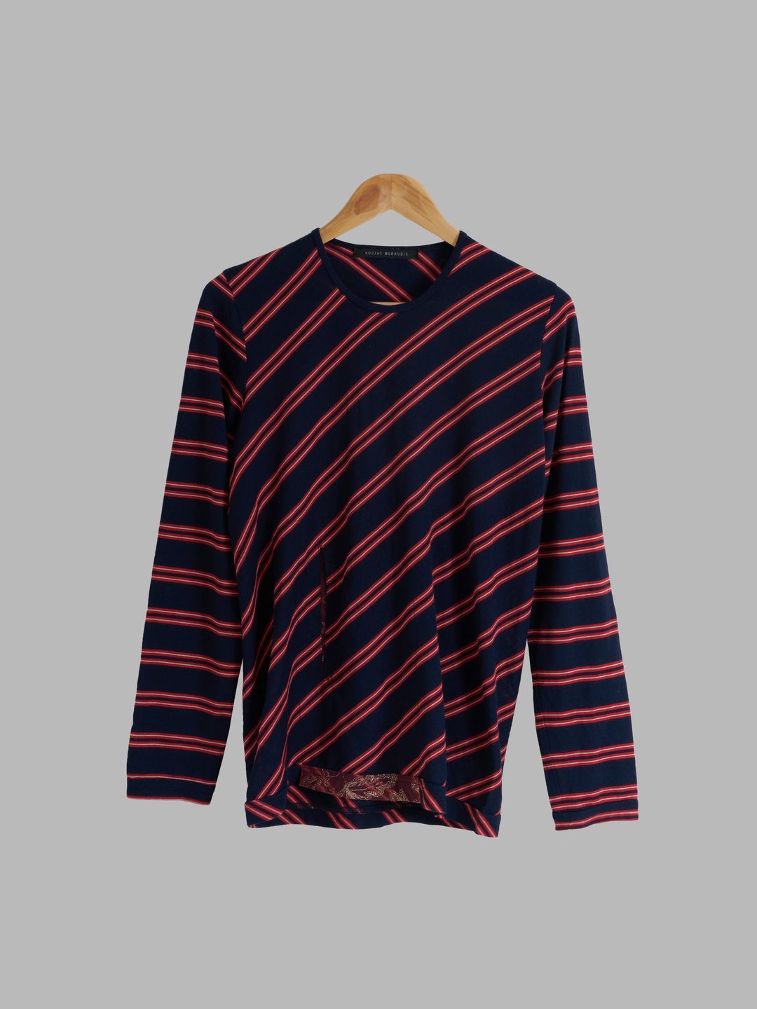 Kostas Murkudis navy red striped wool organza abdomen pocket long sleeve top - S by Kostas Murkudis in size S from TOPS category