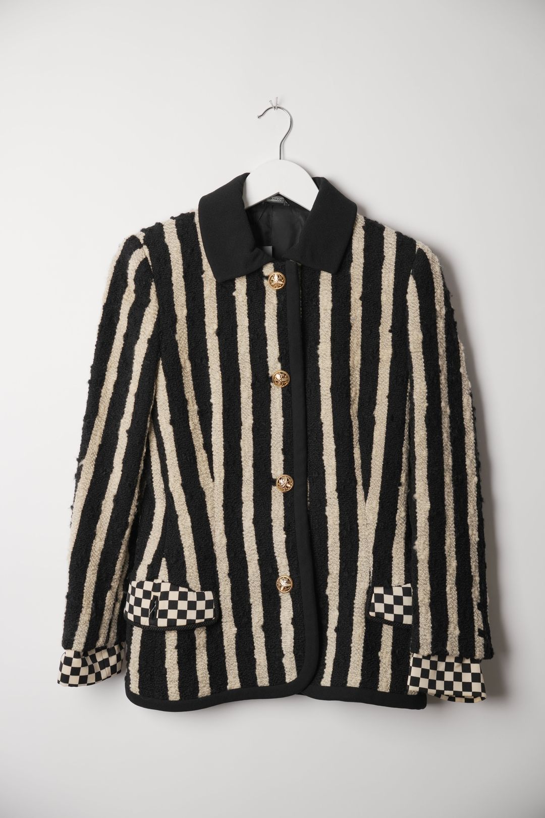Gianni Versace Vertical Stripe Tweed Blazer with Checker Flap by VERSACE in size XS from COATS & JACKETS category