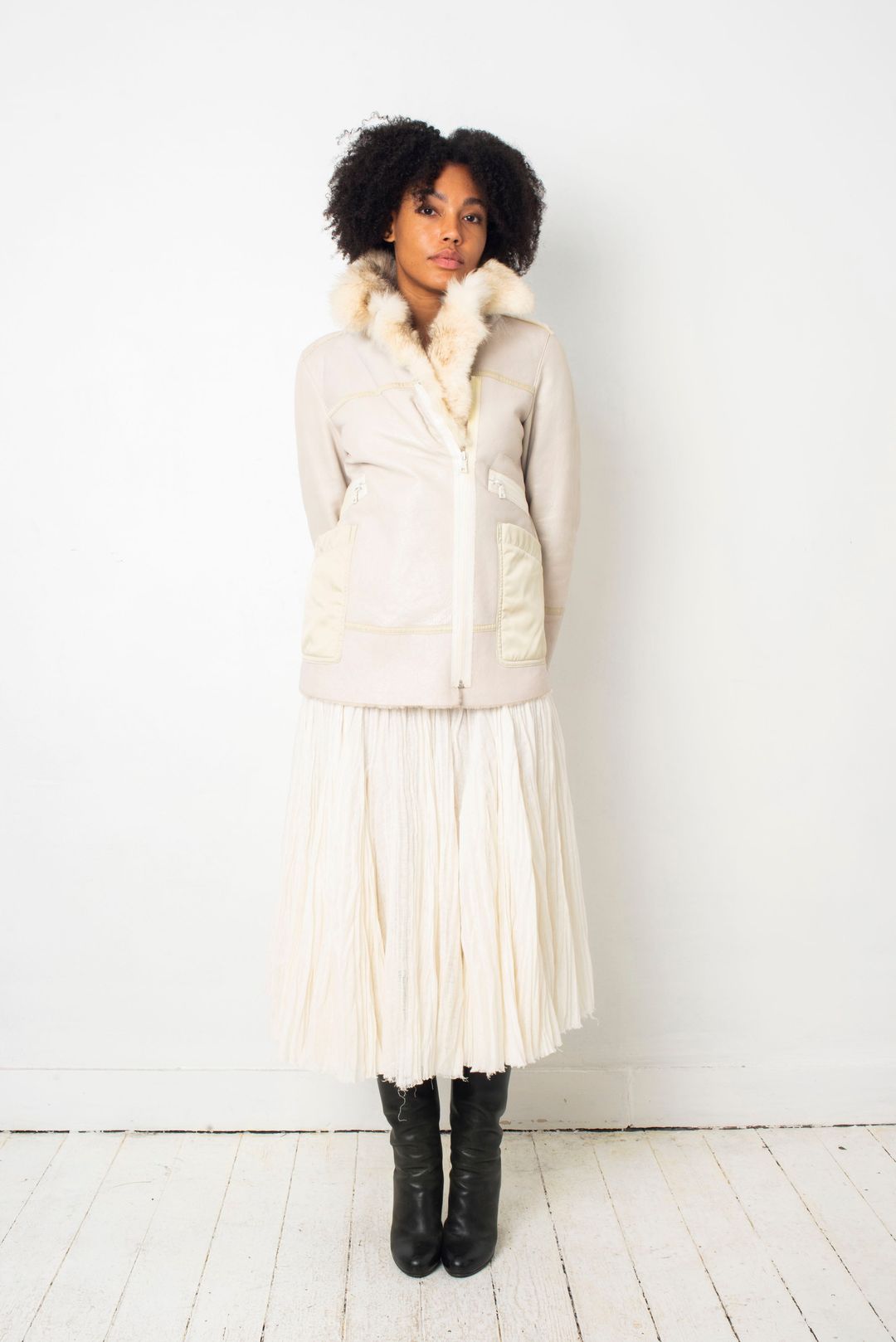 Prada linea rossa 2007 dyed shearling leather coat with fox collar and nylon pockets by PRADA in size M from COATS & JACKETS category