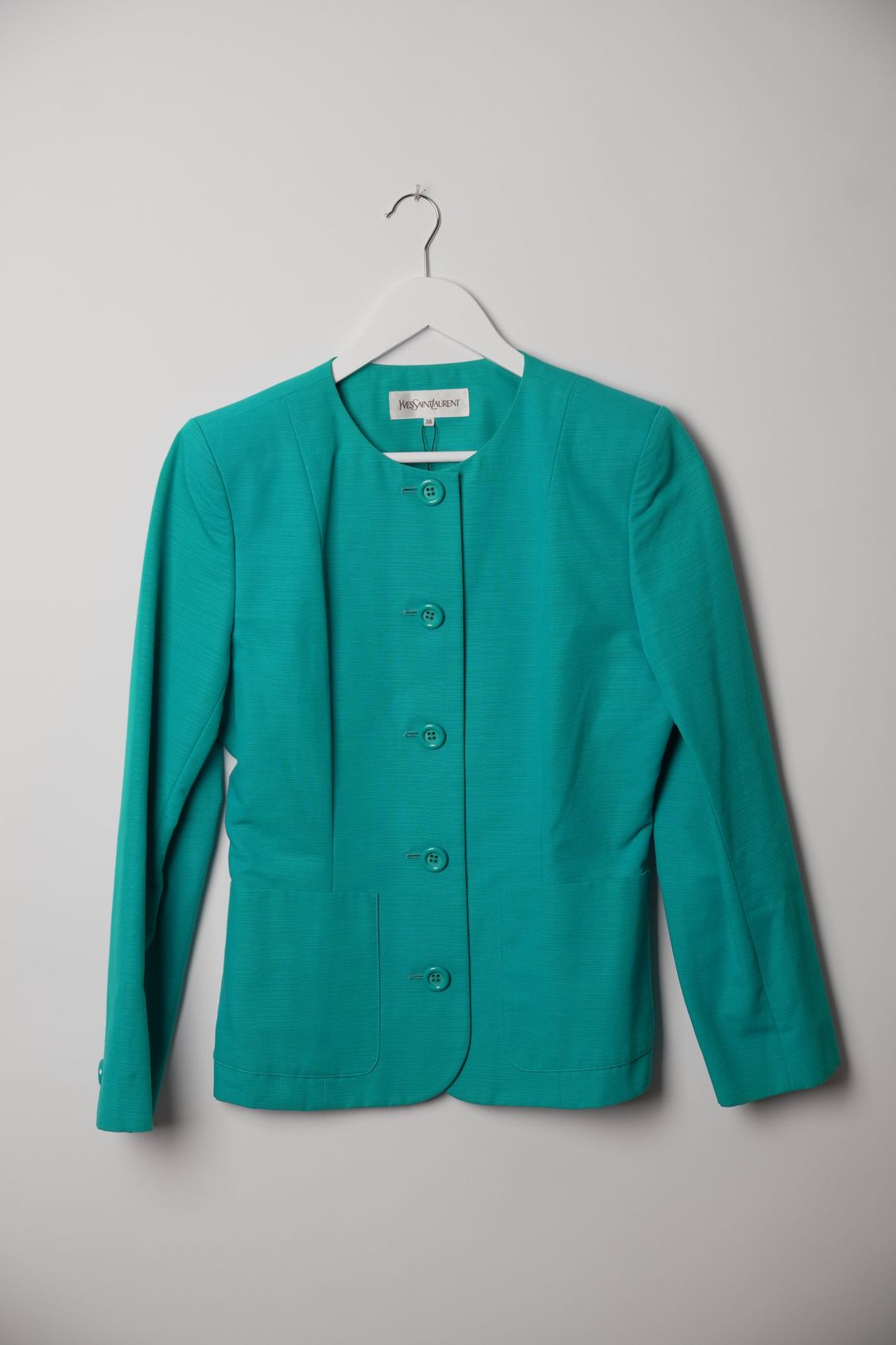 Yves Saint Laurent Teal Blue Collarless Button Down Blazer by YVES SAINT LAURENT in size S from COATS & JACKETS category