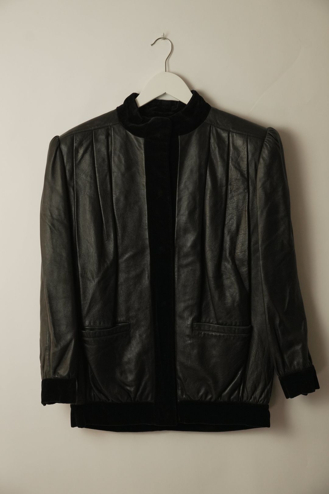 Valentino Leather Shoulder Pad Jacket w Velvet Trim by VALENTINO in size S from COATS & JACKETS category