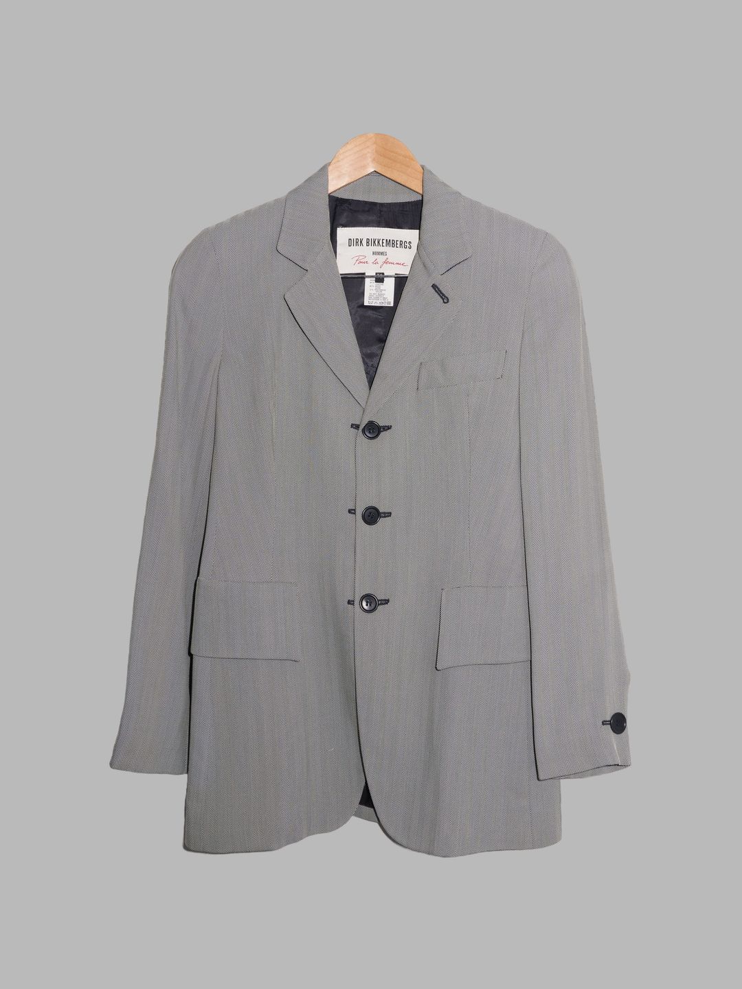 Dirk Bikkembergs spring 1995 grey herringbone detachable button chain blazer by DIRK BIKKEMBERGS in size IT 38 from COATS & JACKETS category