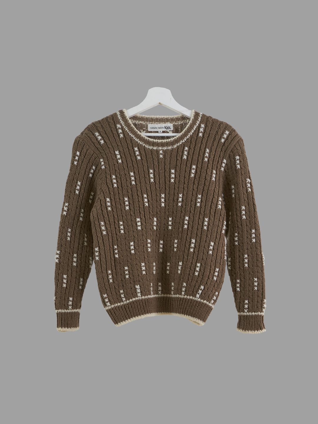 Hanae Mori Knit 1980s brown wool cross stitch motif shoulder pad jumper - size M by Hanae Mori Knit in size M from KNITWEAR category
