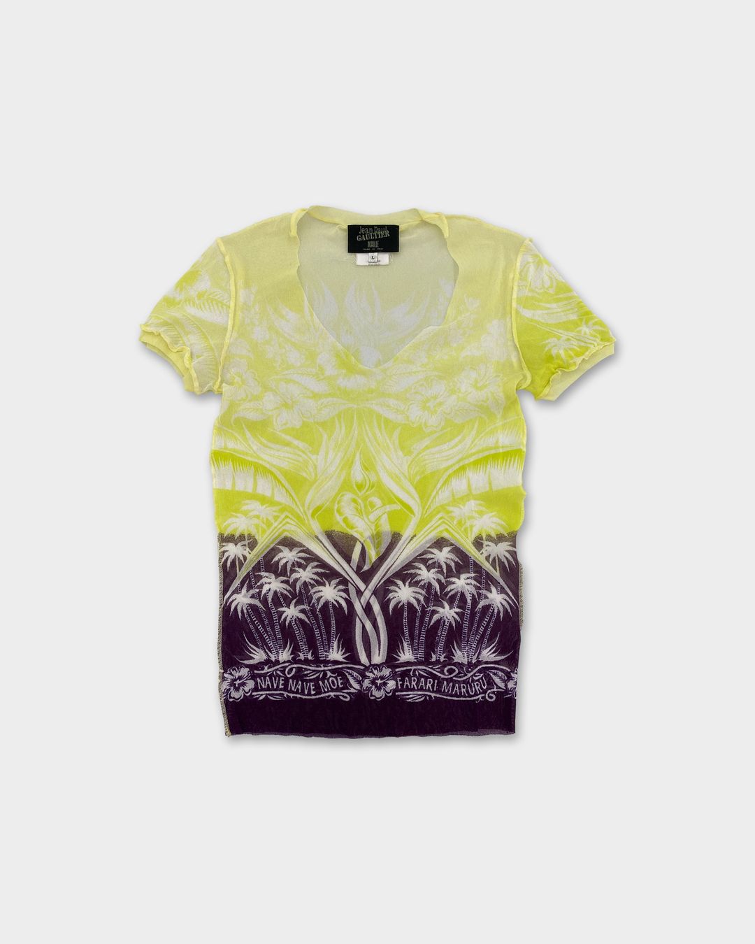 Jean Paul Gaultier Maille SS1996 Hawaii Mesh Top Yellow Purple by JEAN PAUL GAULTIER in size L from TOPS category