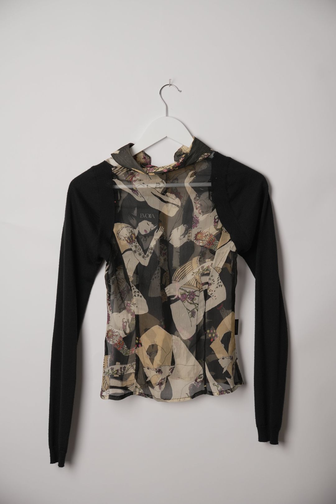 Moschino Jeans Female Figure Print Silk Shirt with Knit Cardigan Sleeves by MOSCHINO in size XS from SHIRTS category