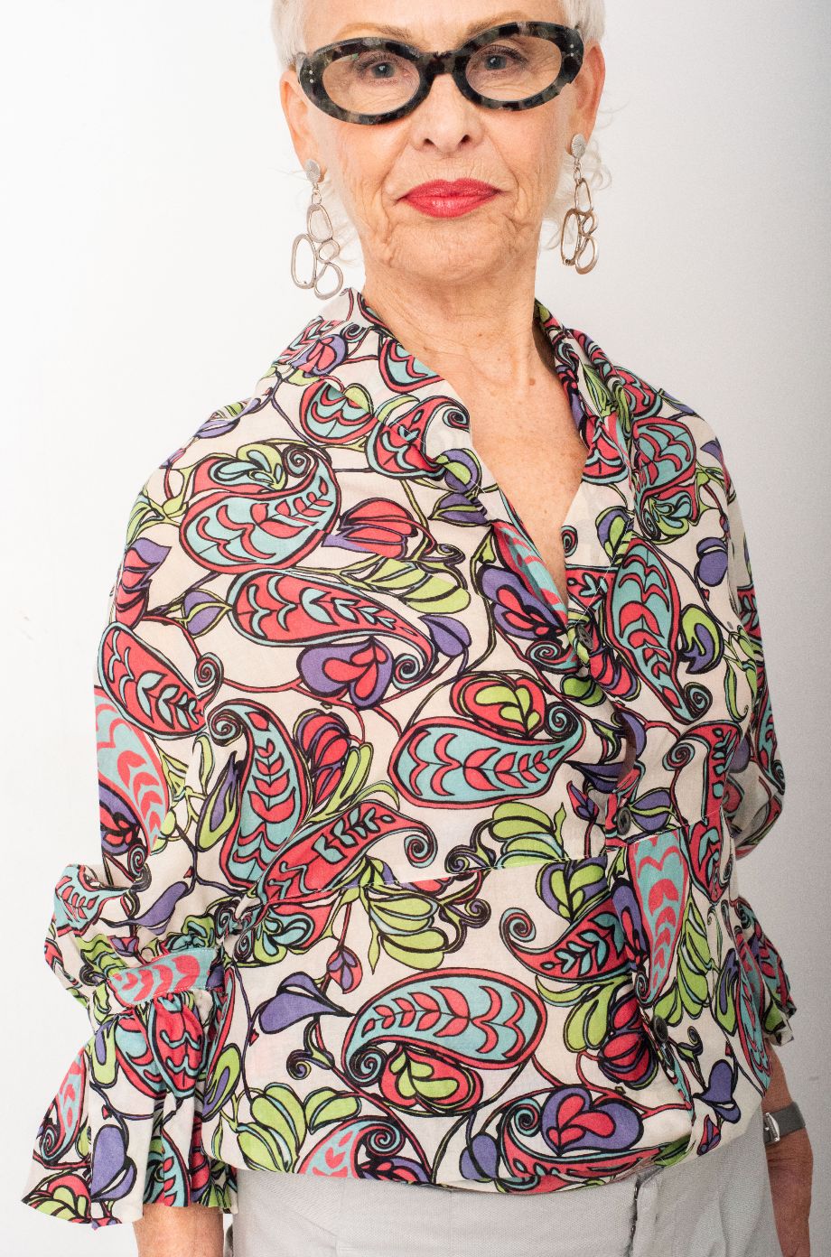 Junya Watanabe multicolour draped paisley print cotton shirt with ruffled sleeves. by JUNYA WATANABE in size M from TOPS category