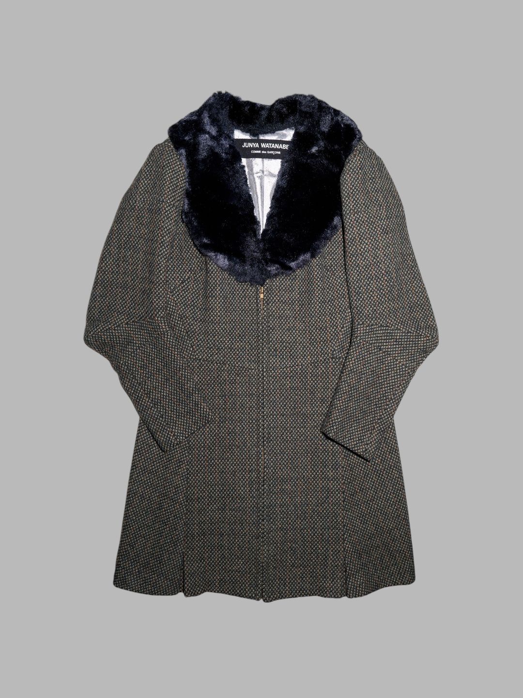 Junya Watanabe winter 1995 three dimensional tweed coat with faux fur collar by JUNYA WATANABE in size ONE SIZE from COATS & JACKETS category
