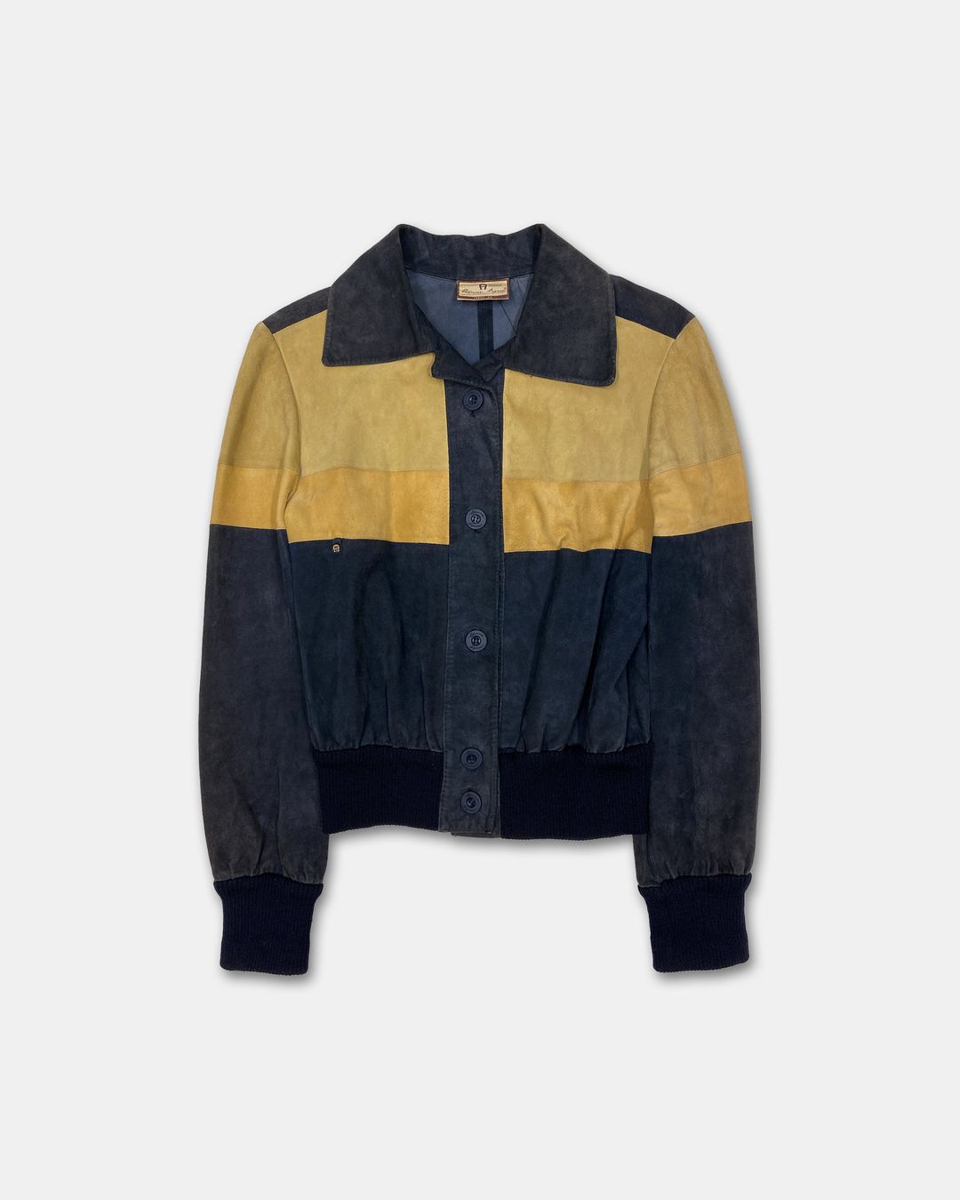 Etienne Aigner 1970s Three Tone Suede Leather Jacket Beige Navy by Etienne Aigner in size ONE SIZE from COATS & JACKETS category