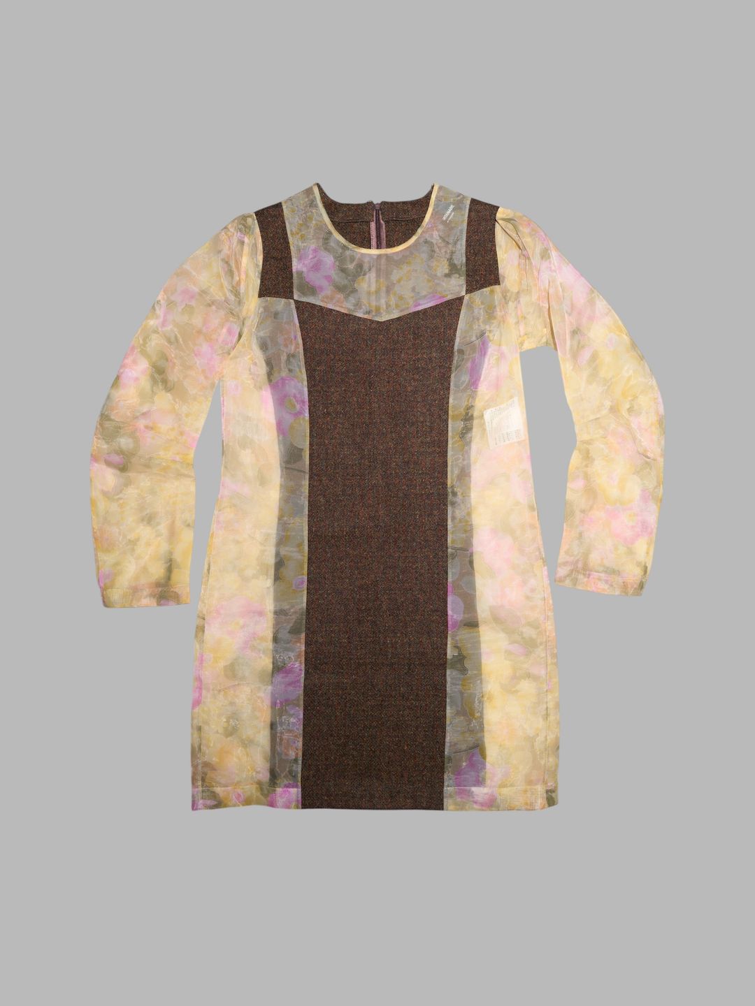 Junya Watanabe winter 1995 sheer floral print dress with brown tweed panels by JUNYA WATANABE in size ONE SIZE from DRESSES category