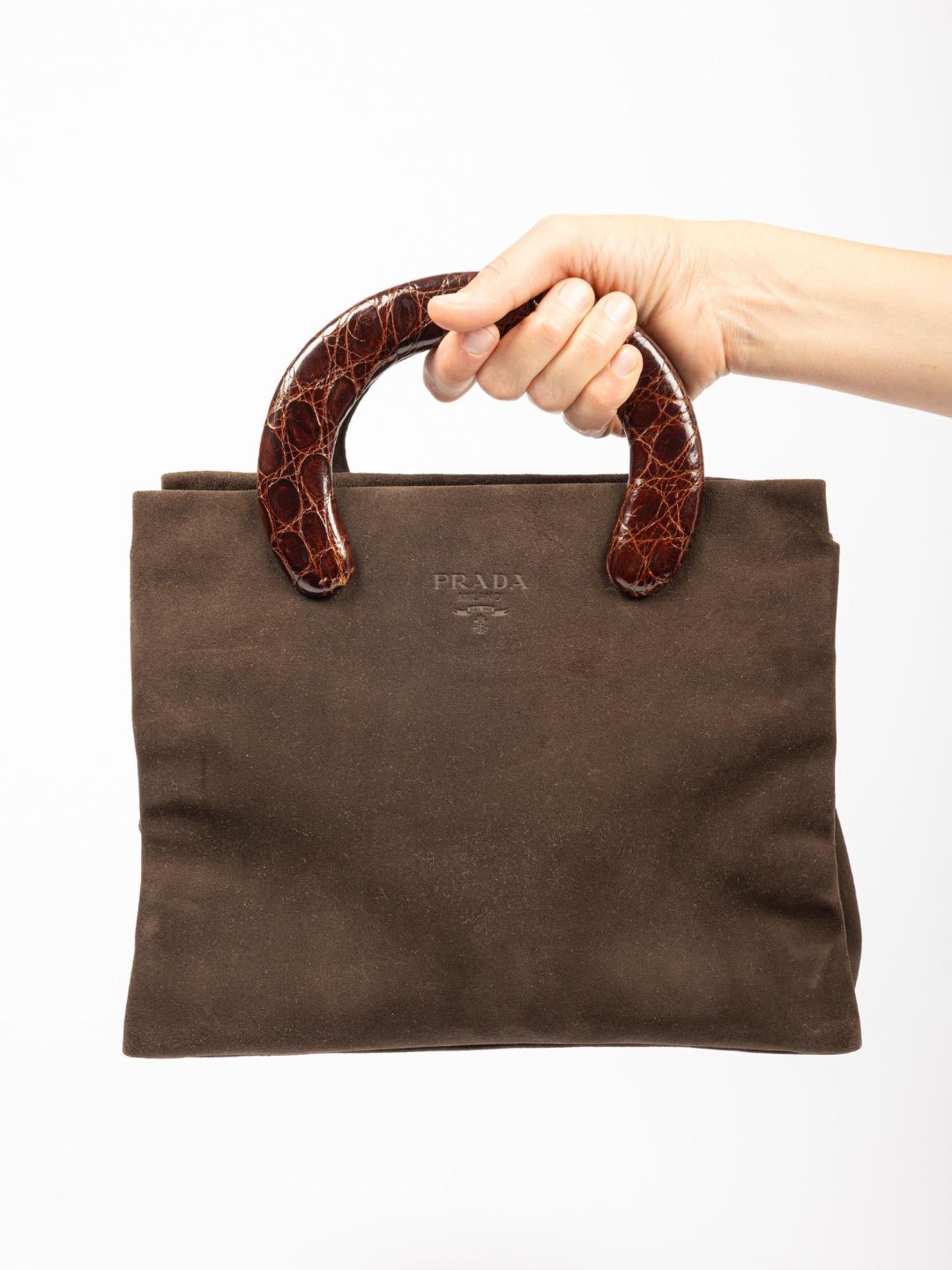 Vintage 90s brown suede handbag with rigid crocodile-effect handles by PRADA in size N/A from BAGS category