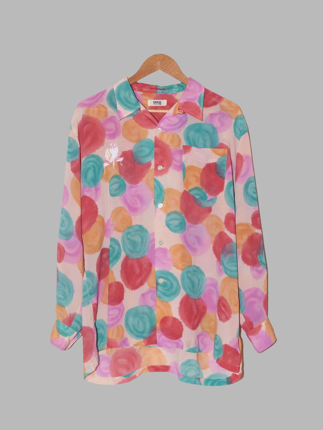 Grass Men’s 1990s multicolor spotted shirt with large embroidered grasshopper by Grass men’s in size M from SHIRTS category