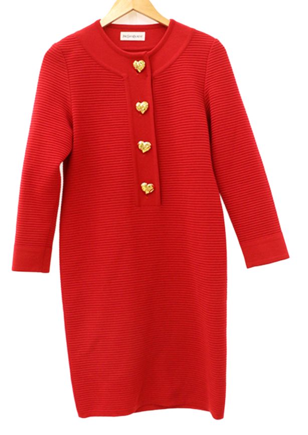 Yves Saint Laurent Knit Red Ribbed Dress w Heart Buttons by YVES SAINT LAURENT in size S from DRESSES category