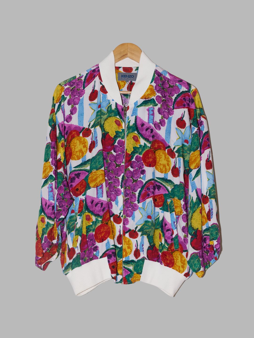 Kenzo Paris 1980s lightweight multicolour fruit print bomber jacket by Kenzo Paris in size ONE SIZE from COATS & JACKETS category