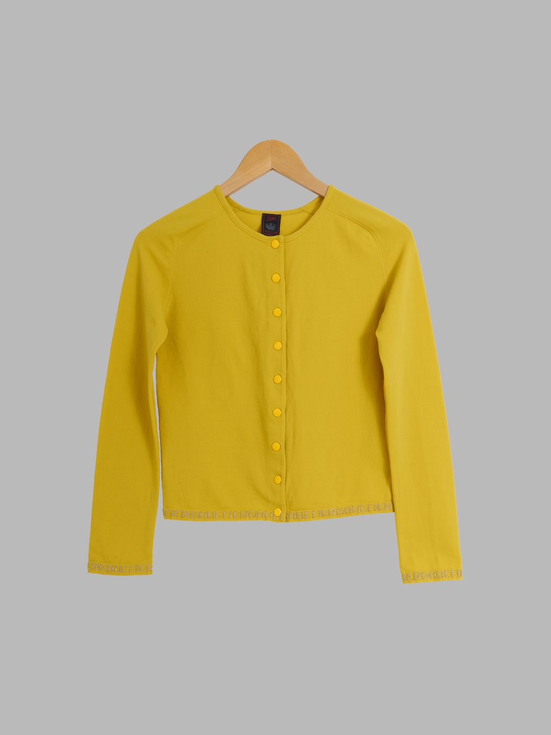 Jean Paul Gaultier mustard snap button cardigan with embroidered hem - size 40 by JEAN PAUL GAULTIER in size IT 40 from KNITWEAR category
