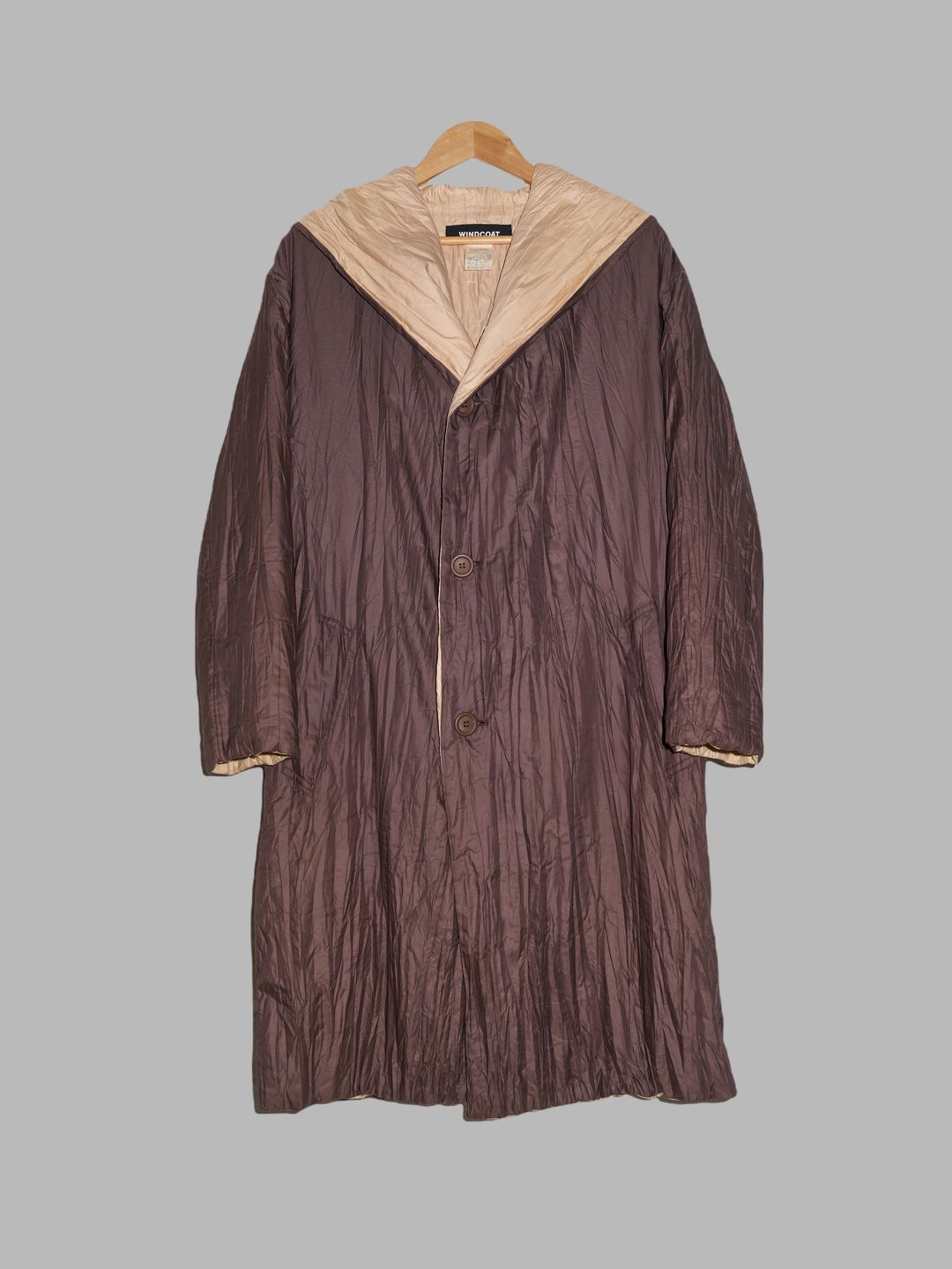 Issey Miyake Windcoat padded brown beige wrinkled nylon-poly hooded coat by ISSEY MIYAKE in size M from COATS & JACKETS category