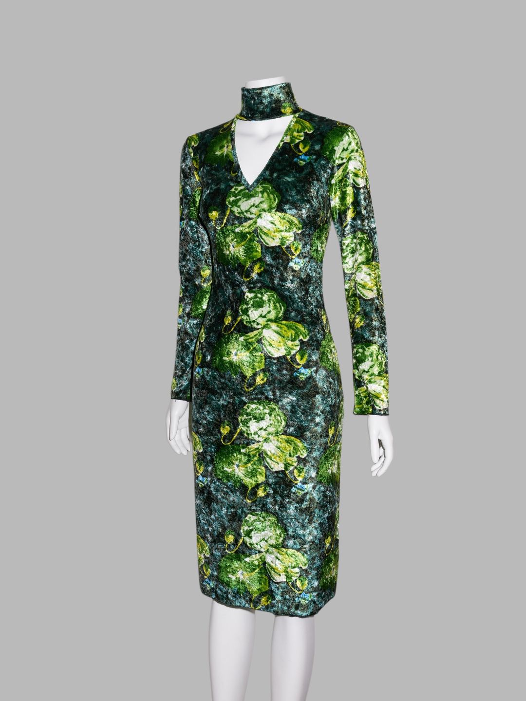 Jean Colonna winter 1996 green velour floral print high neck cut out dress by Jean Colonna in size XS from DRESSES category