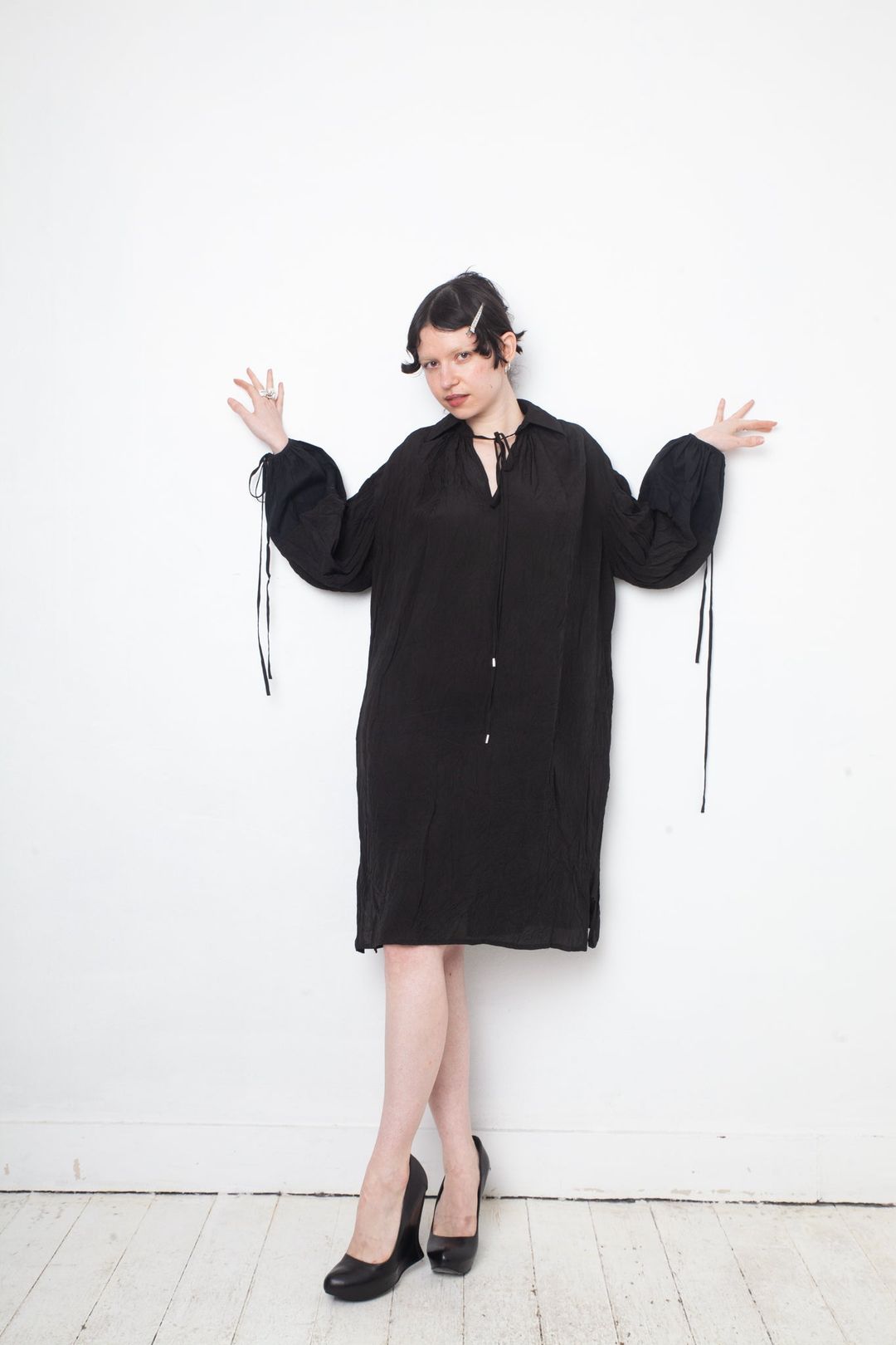 Loewe 2020's black wrinkled cotton caban shirt dress with puffy sleeves by LOEWE in size FR 38 from DRESSES category