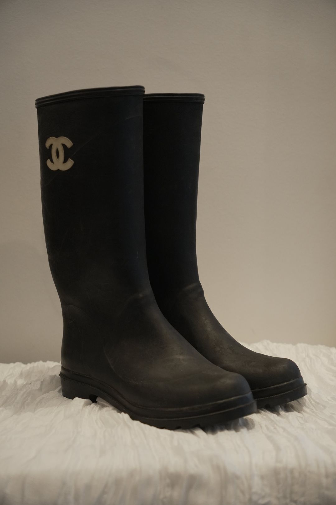 Chanel Black White Logo Rubber Gumboots by CHANEL in size ONE SIZE from SHOES category