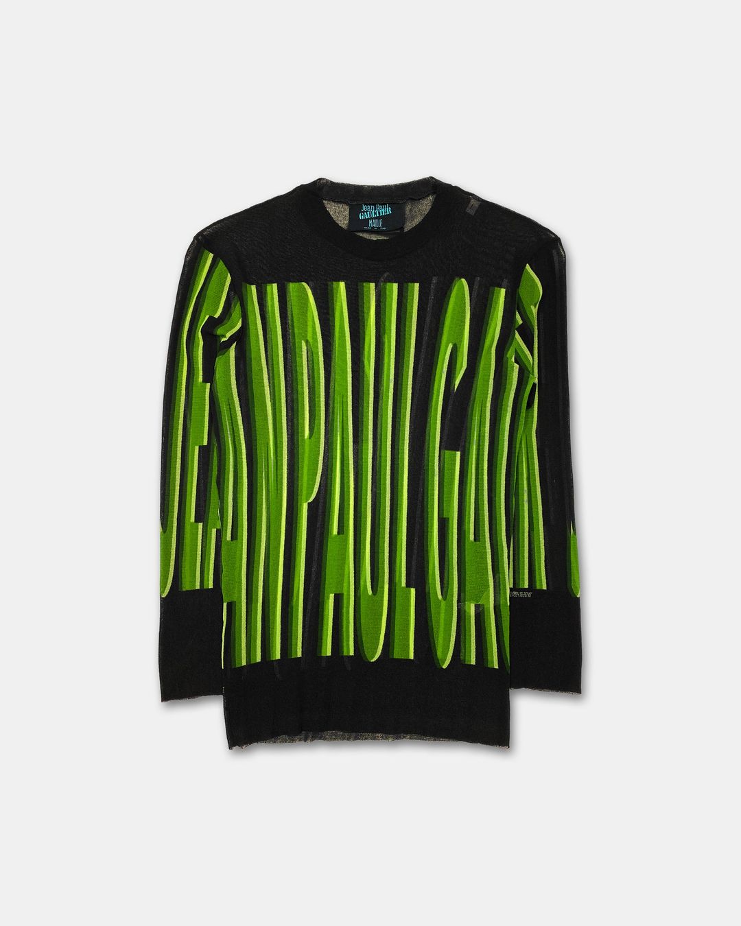 Jean Paul Gaultier Maille 1990s Spell Out Mesh Longsleeve Top Black Green by JEAN PAUL GAULTIER in size L from TOPS category