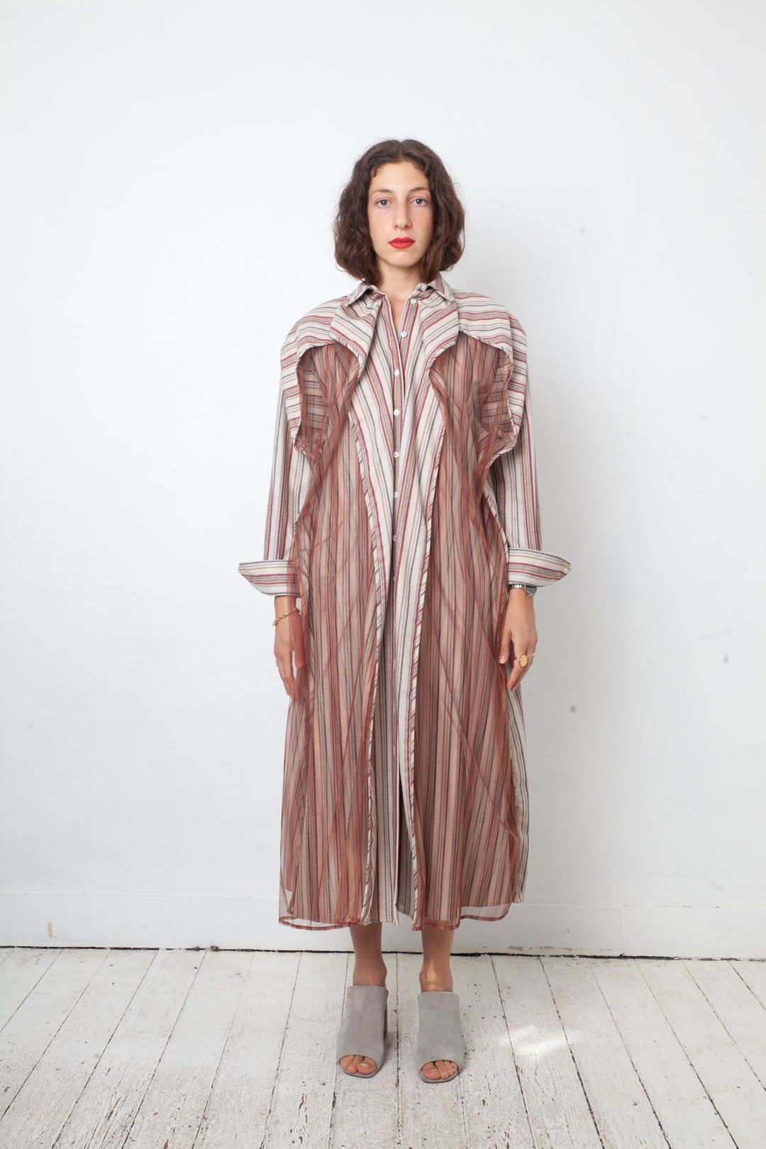 Y Project wool striped beige and red button shirt dress with tulle layer by Y-PROJECT in size FR 38 from DRESSES category