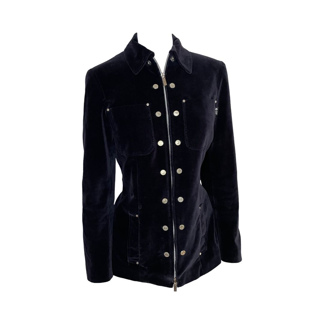 Gianfranco Ferre navy velvet zip jacket by Gianfranco Ferré in size IT 44 from COATS & JACKETS category