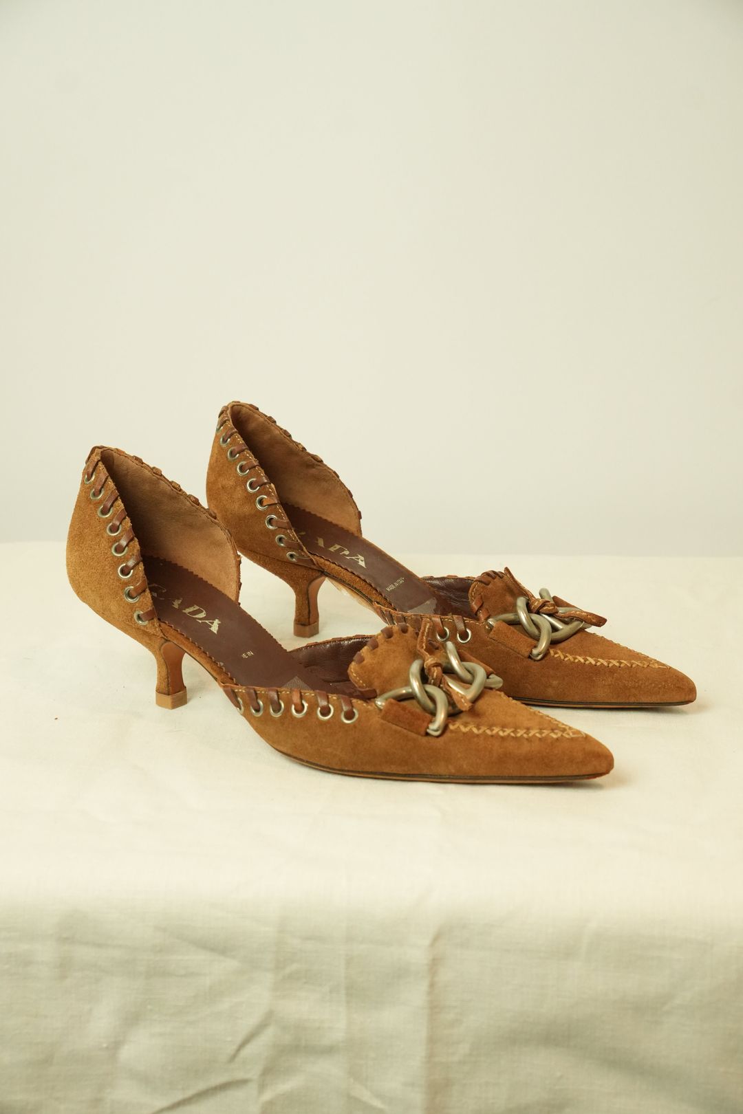 Prada Suede Chain Front Point Toe Kitten Heels Sz36 by PRADA in size EU 36 from SHOES category