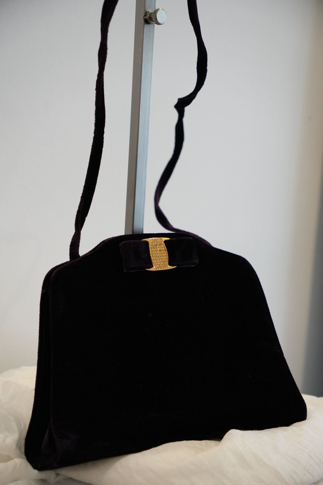 Salvatore Ferragamo Purple Velvet Clutch Crossbody with Gold Ribbon Buckle by FERRAGAMO in size ONE SIZE from BAGS category