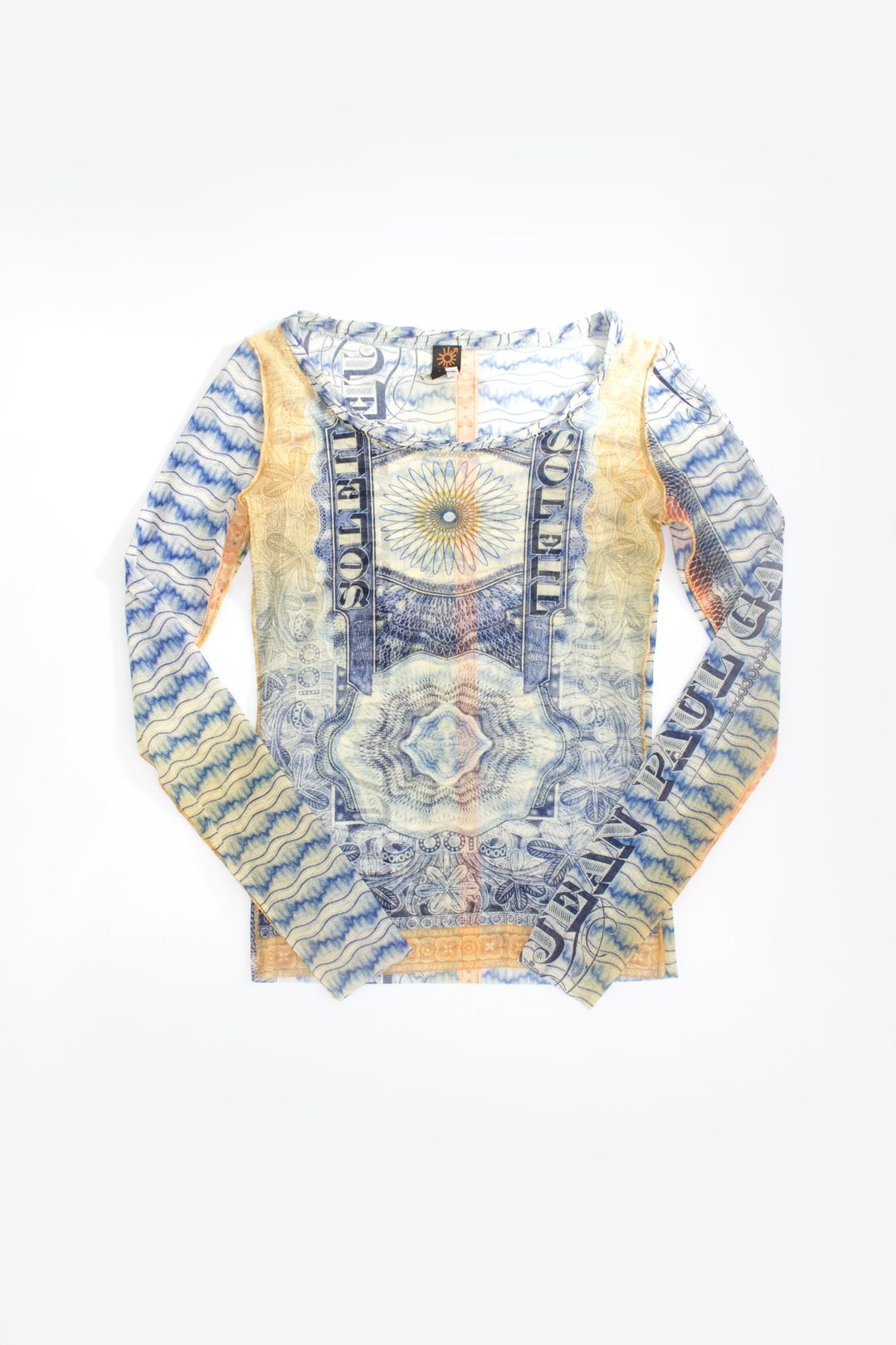 Jean Paul Gaultier 90s money print mesh longsleeve top by JEAN PAUL GAULTIER in size M from TOPS category