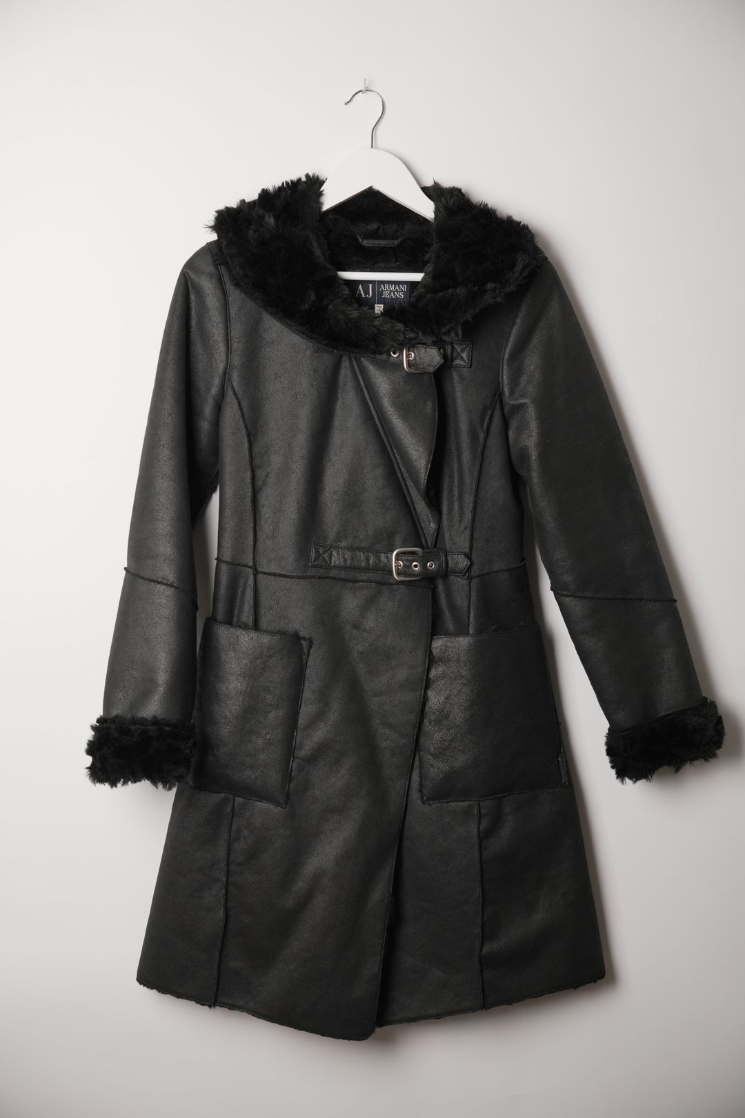 Armani Jeans Black Faux Leather Belted Coat with Faux Shearling Trim by GIORGIO ARMANI in size S from COATS & JACKETS category
