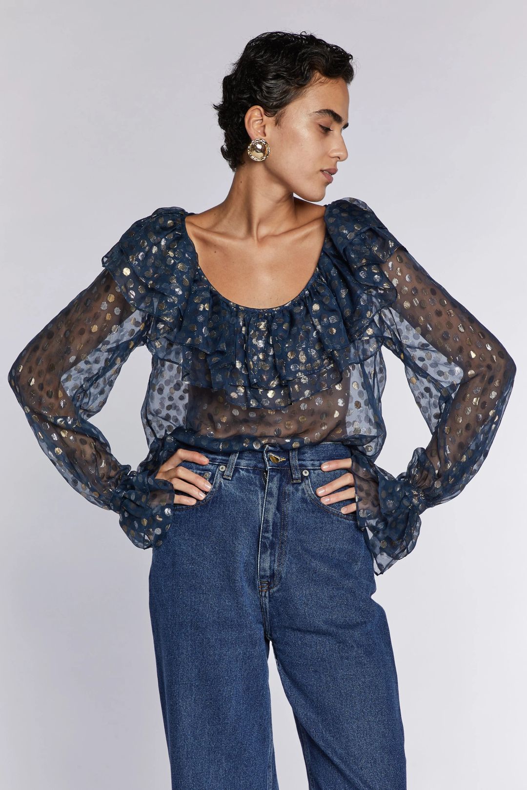 Saint Laurent Rive Gauche Polka Dot Chiffon Blouse 1970s by YVES SAINT LAURENT in size FR 42 from TOPS category