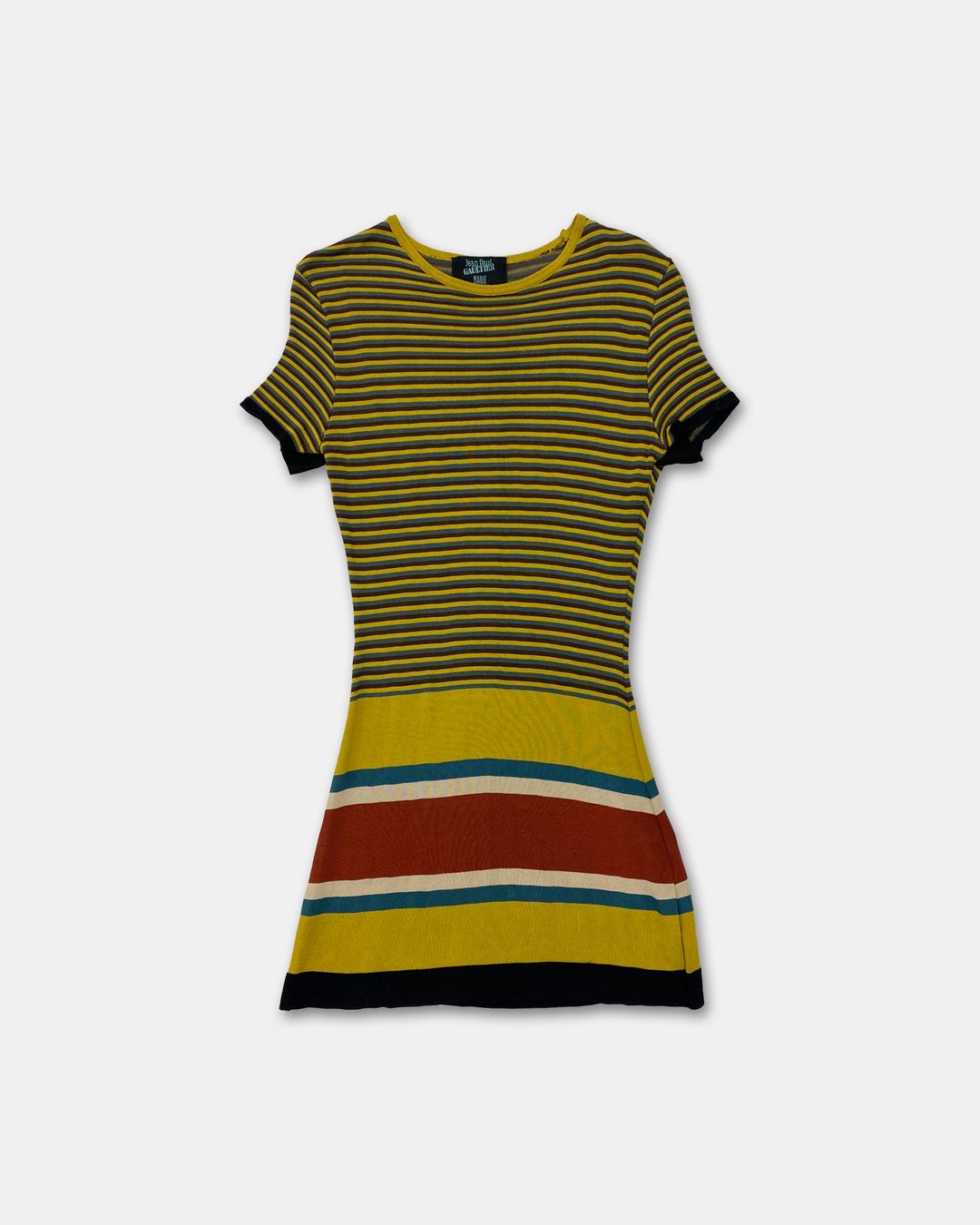 Jean Paul Gaultier Maille 1990s Striped Stretchy Short Dress Dark Yellow Black by JEAN PAUL GAULTIER in size L from DRESSES category
