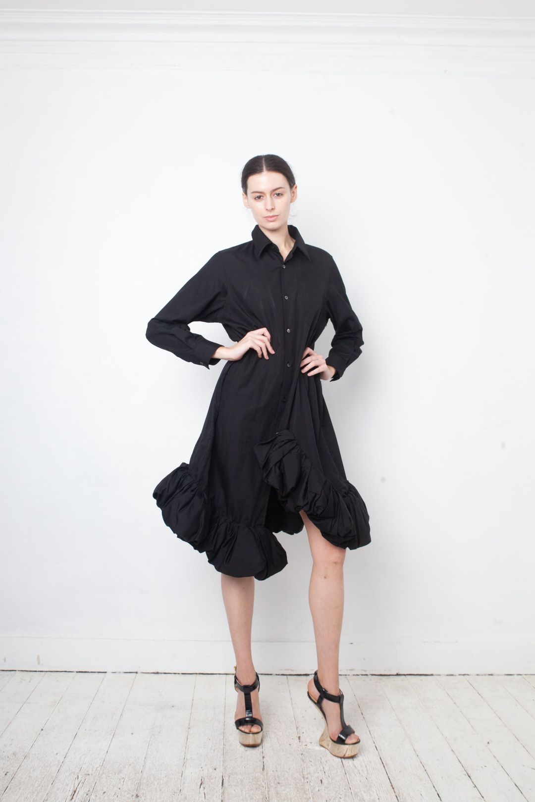Comme des Garçons AD 2021 black cotton shirt dress with sculptural balloon hems by COMME DES GARÇONS in size M from DRESSES category