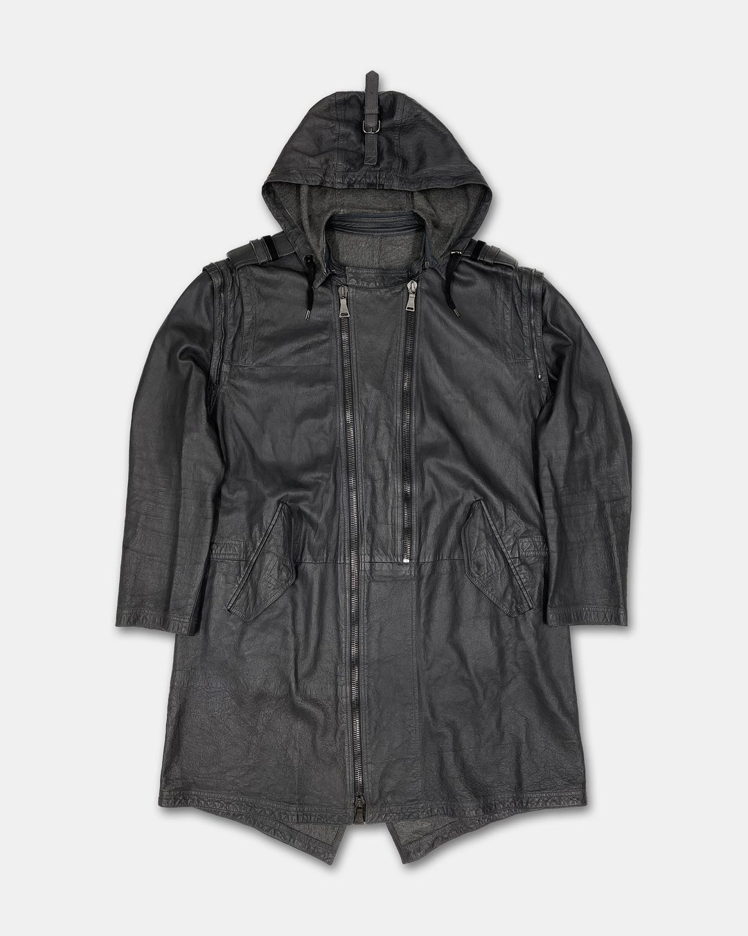 Neil Barrett SS2011 2in1 Hooded Double Zip Thin Leather Coat Grey by Neil Barrett in size M from COATS & JACKETS category