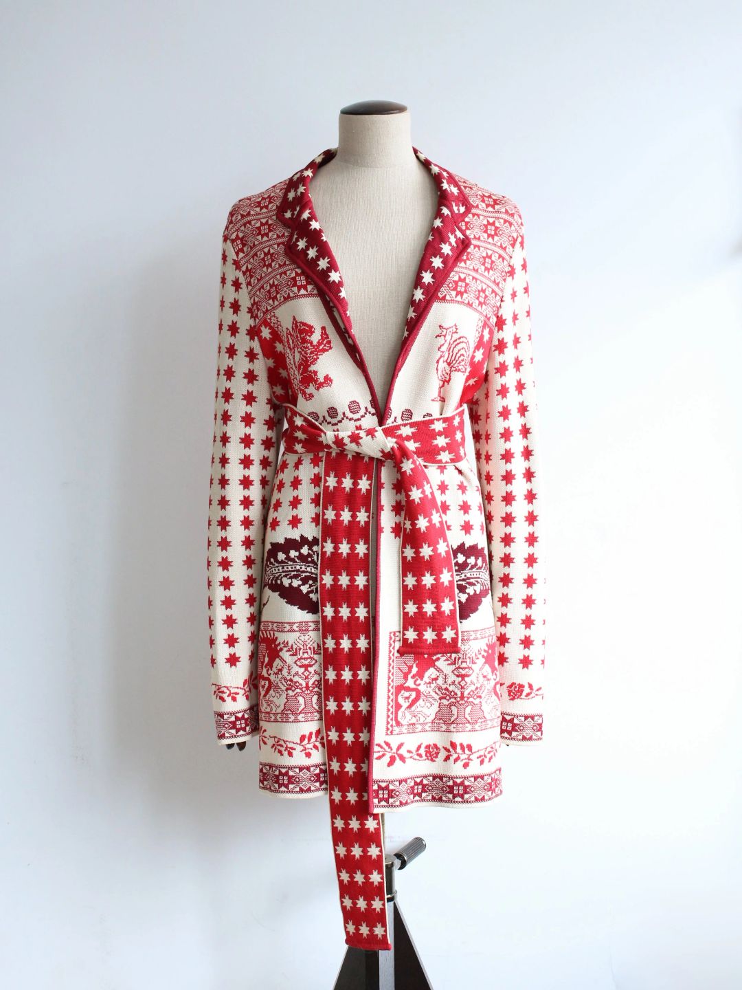 John Galliano S/S97 Red and White Belted Knit Jacket by JOHN GALLIANO in size M from KNITWEAR category