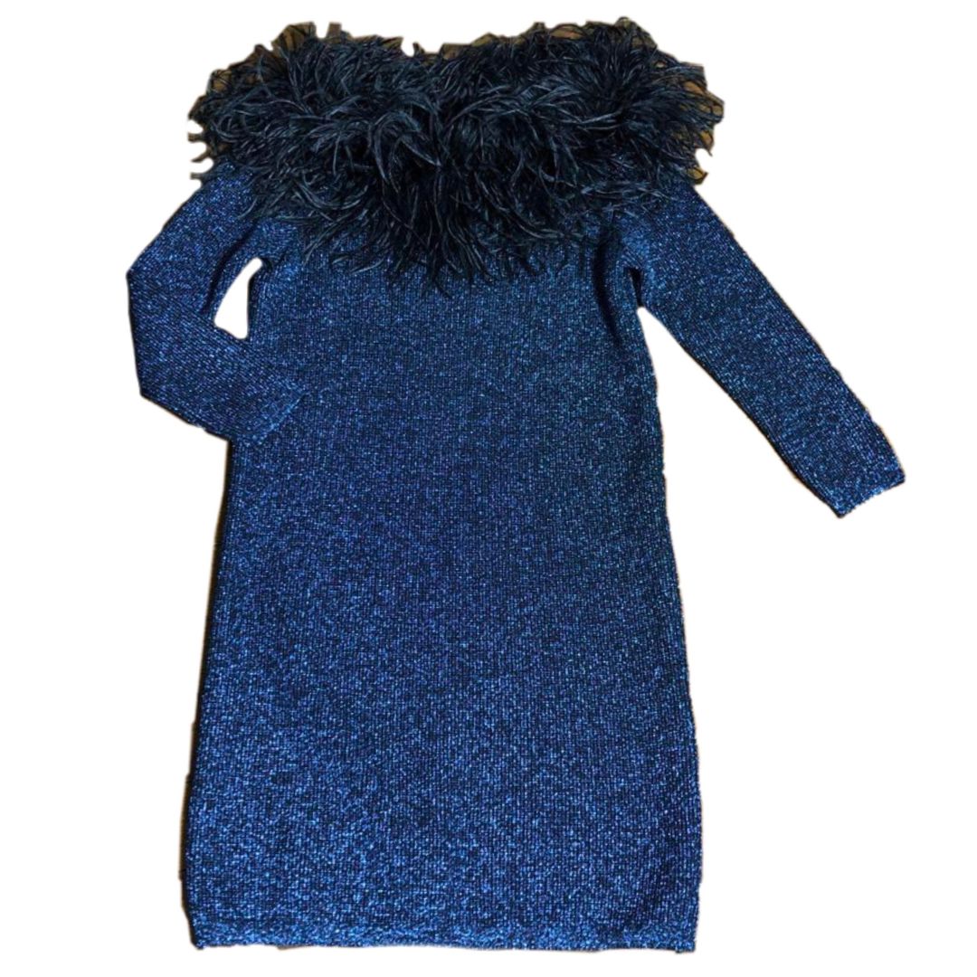 Yves Saint Laurent Knit Glitter LS Feather Neckline Mini Dress by YVES SAINT LAURENT in size S from DRESSES category