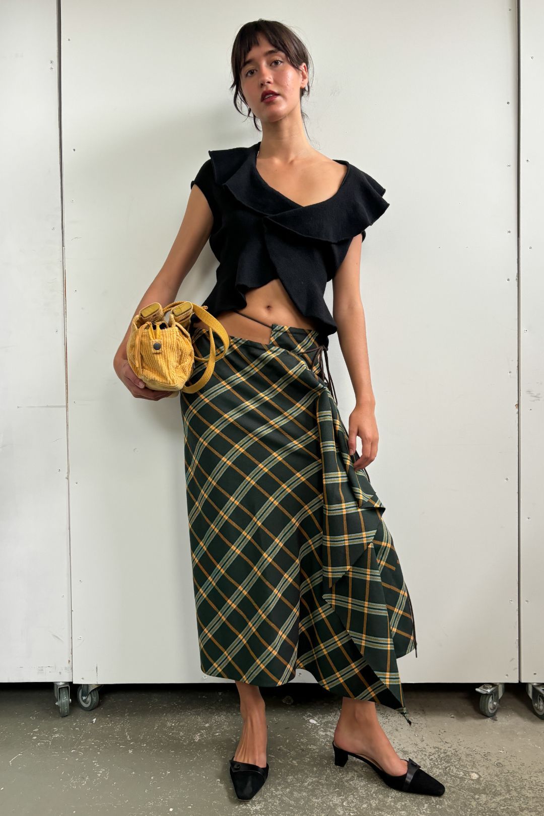 2002 AW CHECK ASYM MAXI SKIRT WITH TIE WAIST by YOHJI YAMAMOTO in size AU/UK 10 from SKIRTS category
