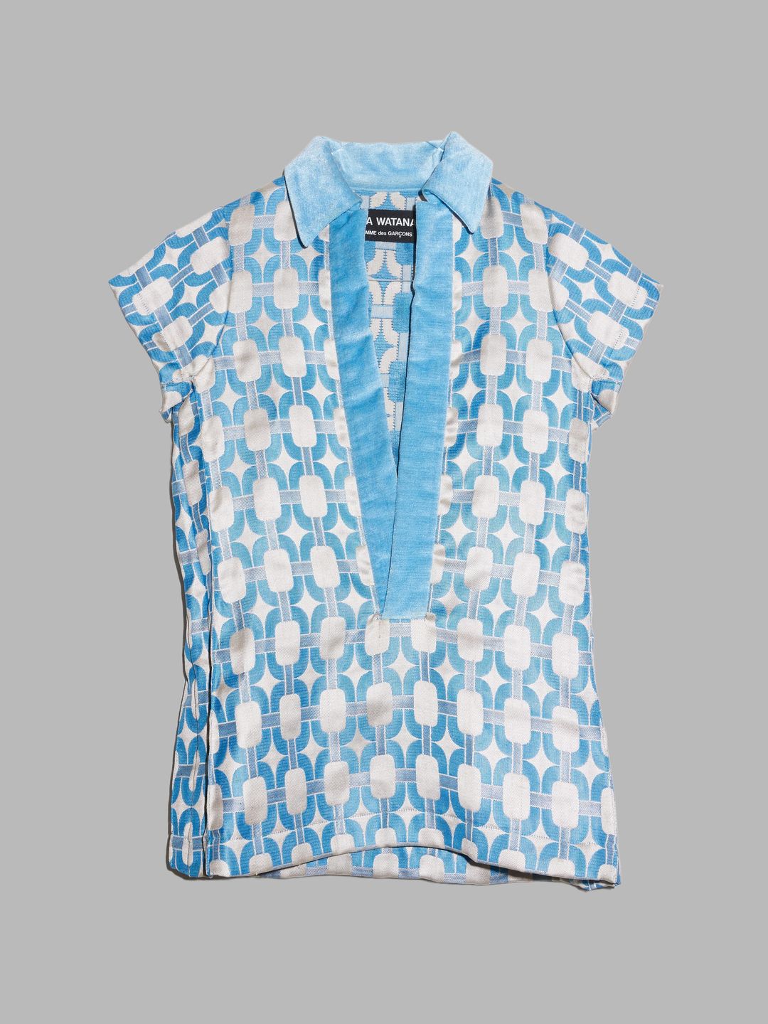 Junya Watanabe SS1996 patterned open neck pullover top with velour collar by JUNYA WATANABE in size ONE SIZE from TOPS category