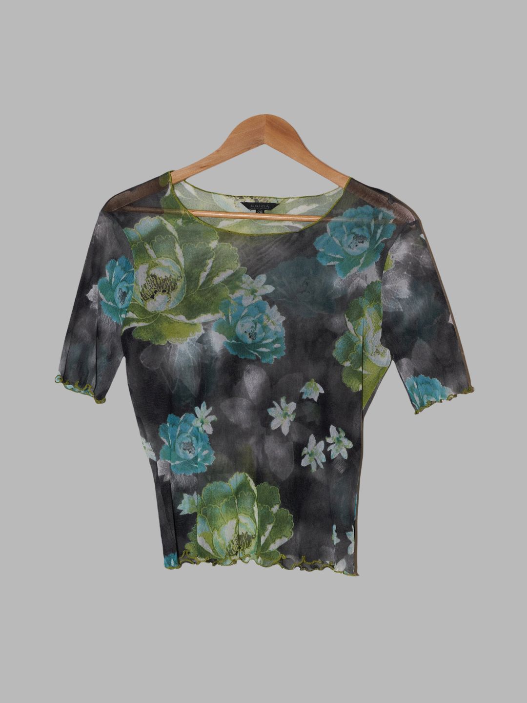 Krizia green blue grey nylon mesh floral print t-shirt - IT 48 by Krizia in size IT 48 from TOPS category