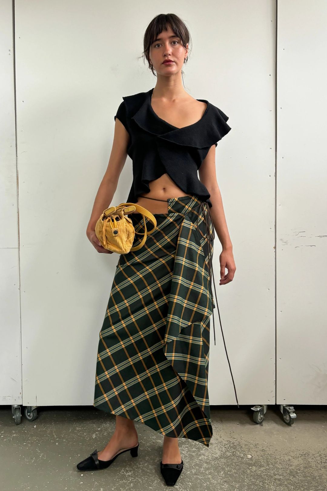 2002 AW CHECK ASYM MAXI SKIRT WITH TIE WAIST by YOHJI YAMAMOTO in size AU/UK 10 from SKIRTS category