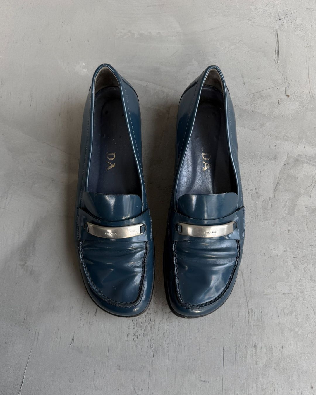 Prada Blue Leather Loafers with Silver Tab – EU 38 by PRADA in size EU 38 from SHOES category