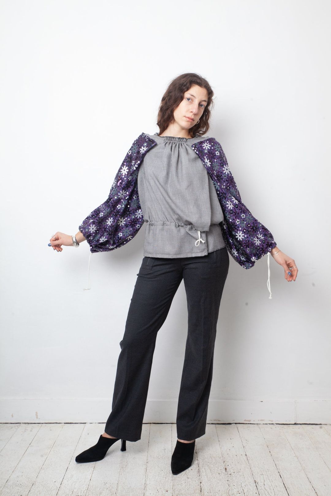 Comme des Garçons Spring 2008 glen check shirt with sequin sleeves and double hood by COMME DES GARÇONS in size M from TOPS category