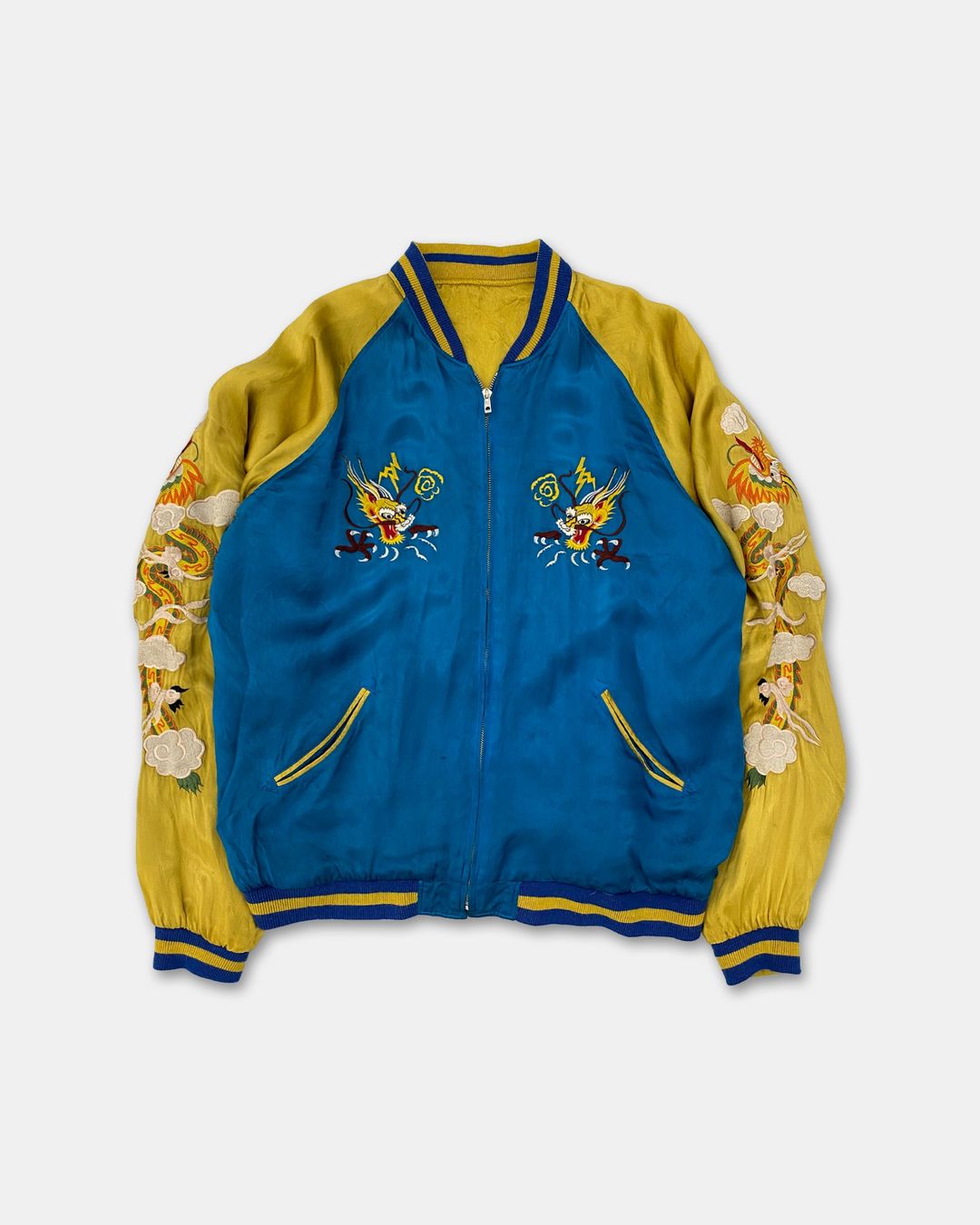 Vintage 1980s Reversible Japan Dragon Souvenir Jacket Blue Yellow by Vintage in size XL from COATS & JACKETS category