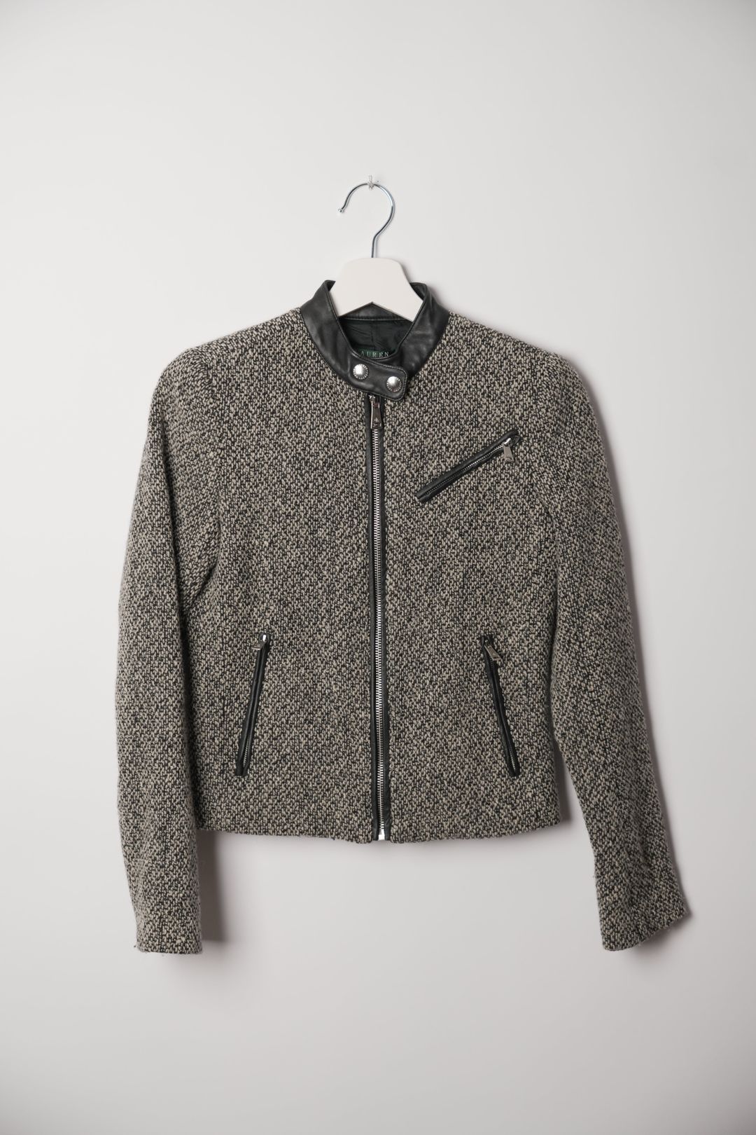 Lauren by Ralph Lauren Black White Tweed Cafe Motorcycle Jacket with Leather Trimming by RALPH LAUREN in size XS from COATS & JACKETS category