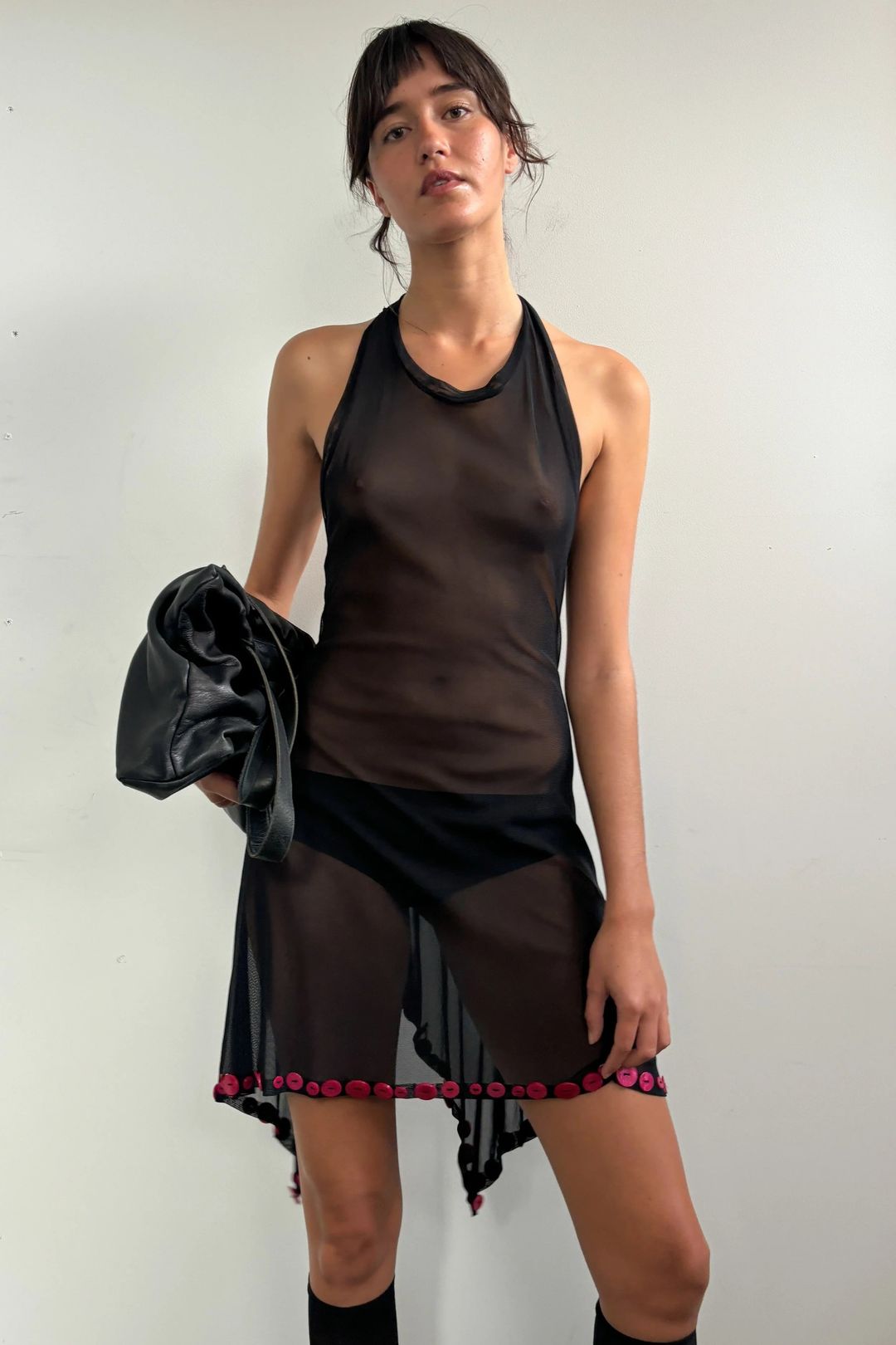 S/S 2003 SHEER MINI WITH PINK BUTTON TRIM by JEAN PAUL GAULTIER in size AU/UK 10 from DRESSES category