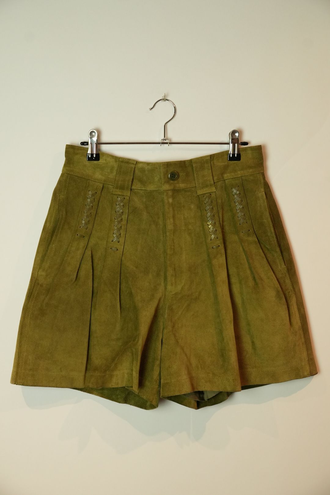 Issey Miyake Sport Khaki Suede Shorts w Leather Braided Pocket Detail by ISSEY MIYAKE in size S from SHORTS category