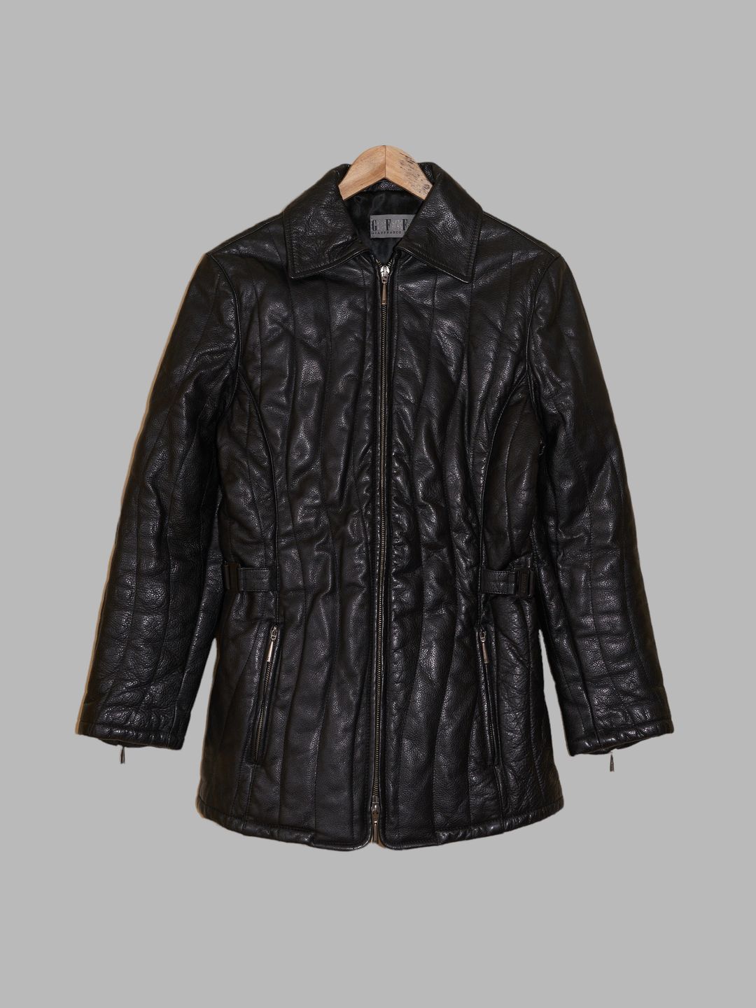 Gianfranco Ferre black zipped leather jacket with undulating channel stitch - S by Gianfranco Ferre in size S from COATS & JACKETS category