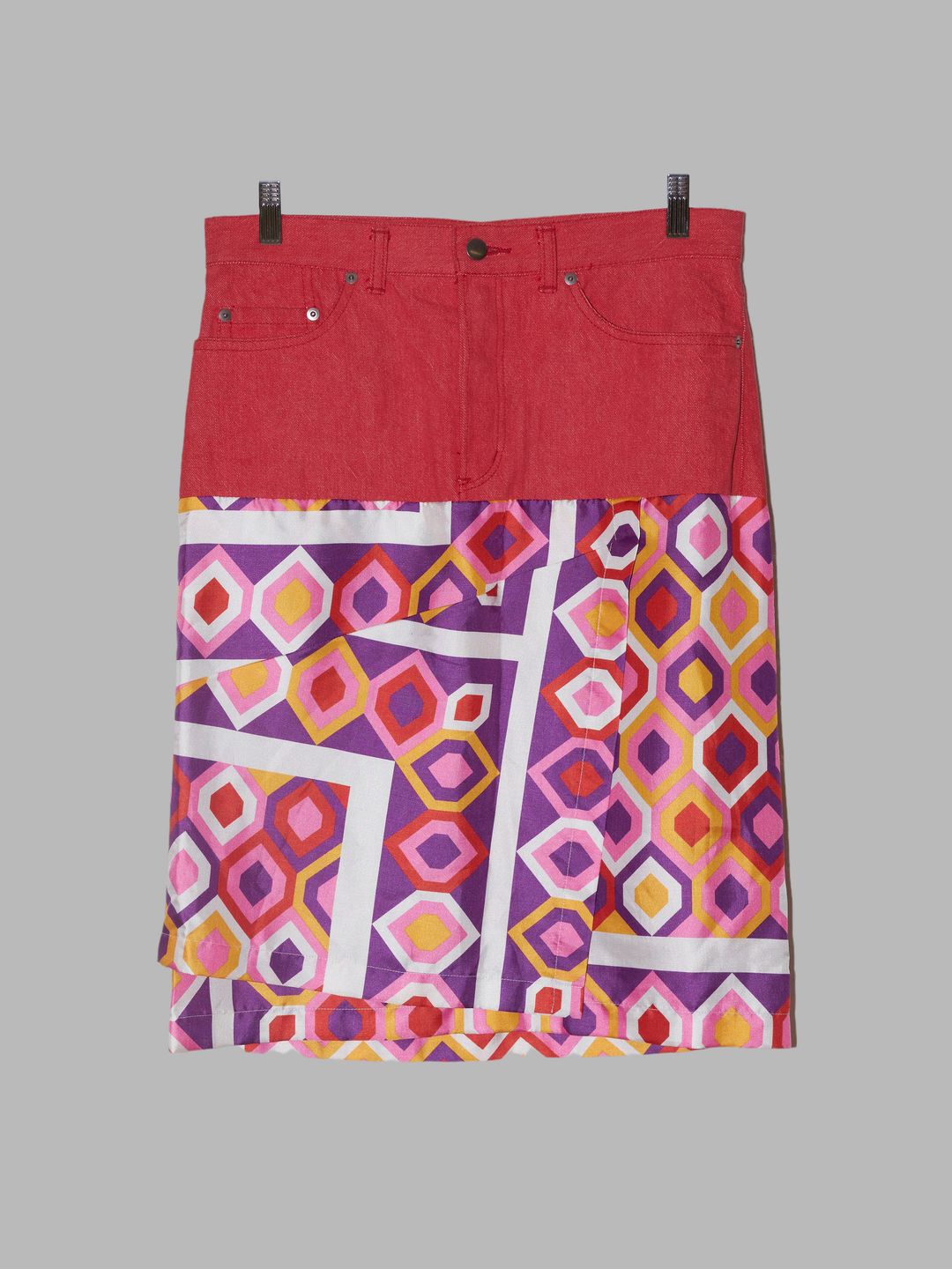 Junya Watanabe Comme des Garcons SS2001 red denim geometric print satin skirt by COMME DES GARÇONS in size ONE SIZE from SKIRTS category
