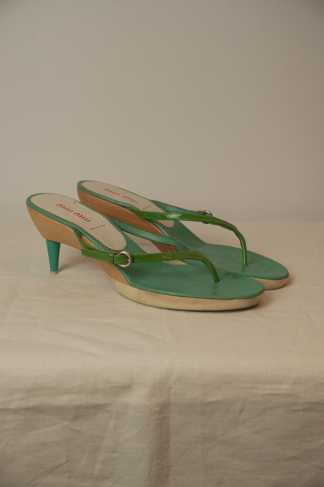 Miu Miu Wooden Heel Green Patent Thong Heels Sz37.5 by MIU MIU in size EU 37 from SHOES category