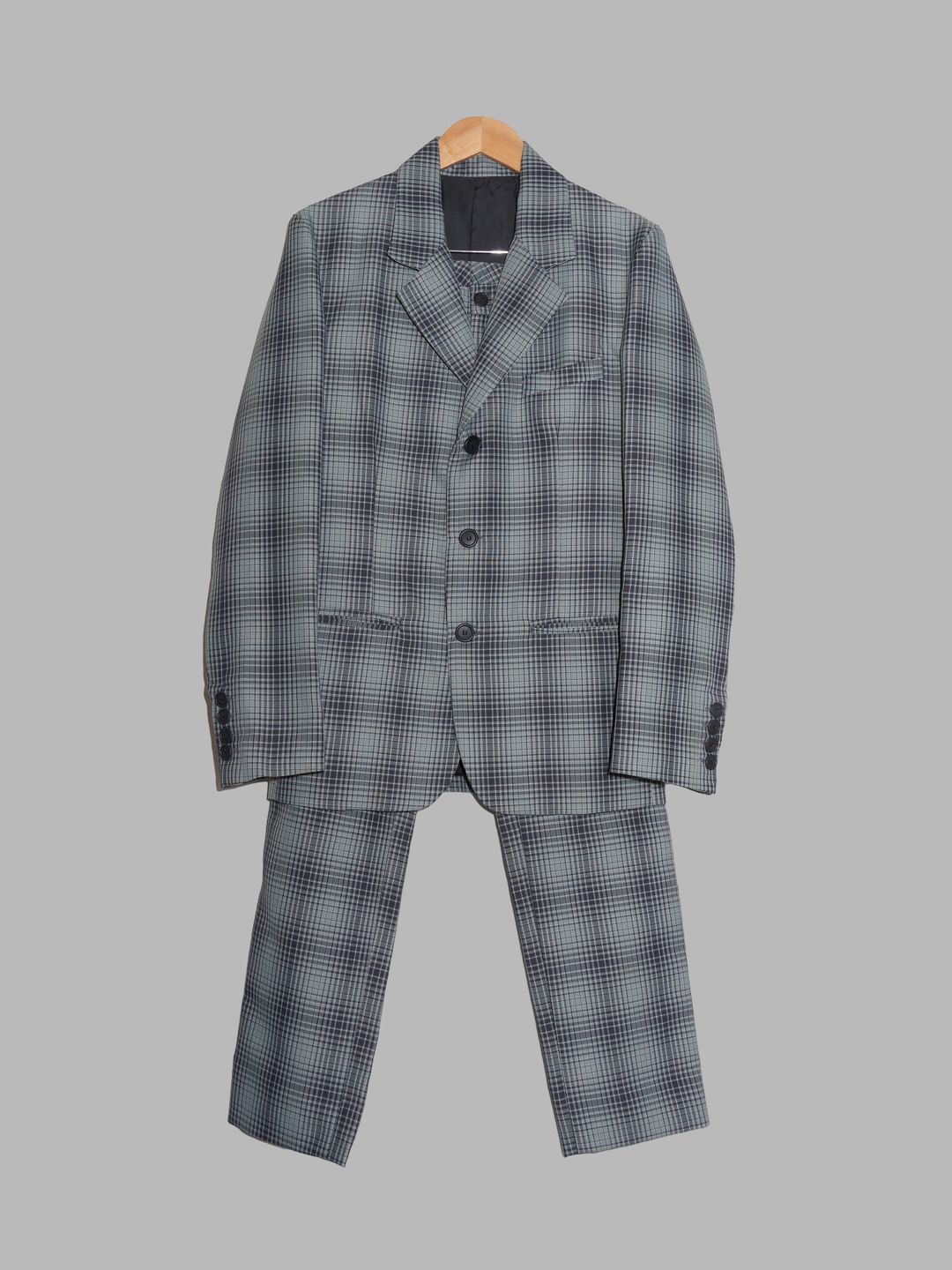 Jean Colonna 1990s blue grey polyester check three button trouser suit - S by Jean Colonna in size S from SUITS category